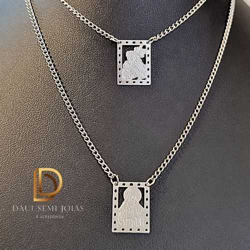 Escapulário São Jorge Ogum e Jesus em Aço 316L cor Prata Unissex Cordão com Pingentes de São Jorge 70cm Aço  Inoxidável