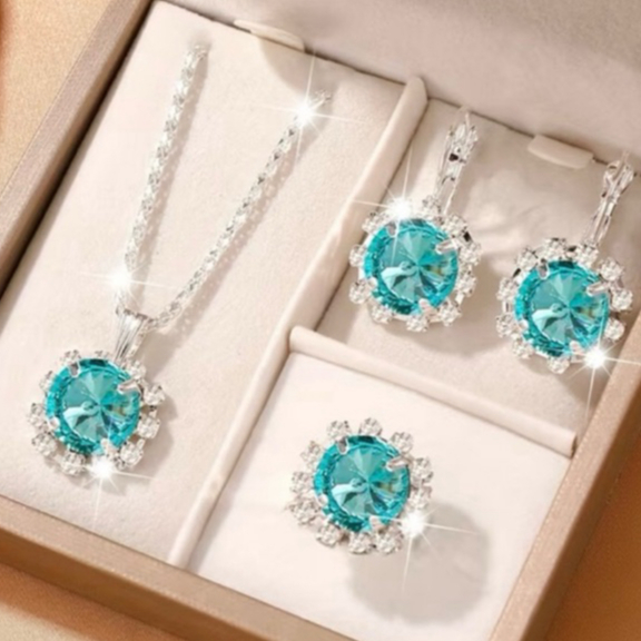 Conjunto brinco + colar + anel azul e prata. Kit pedraria azul turquesa