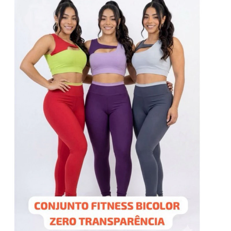 Conjunto calça ou short top Fitness Feminino Bicolor Suplex Premium Cintura Alta Zero Transparência Academia — imagem 1