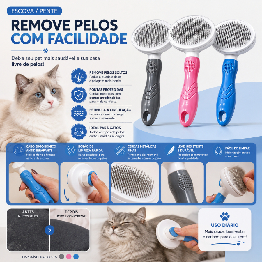 Pente Tira Pelos Pet Para Cachorro Gato Escova Massageadora Premium Removedora Cerdas Macias