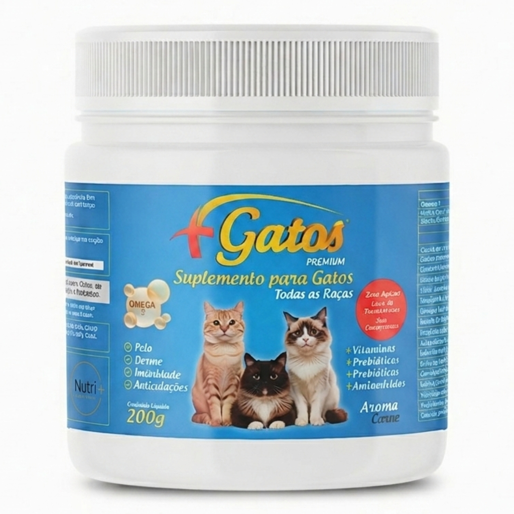 Suplemento Premium Mais Gatos Saúde Pele E Pelo Derme Auxilia Queda de Pelos Nutrimais Probióticos 200g