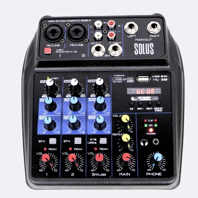 MESA DE SOM 4 CANAIS MIXER CONSOLE bluetooth INTERFACE GRAVAÇÃO DIRETA USB PHATOM POWER ENTRADA MONO COMBO.