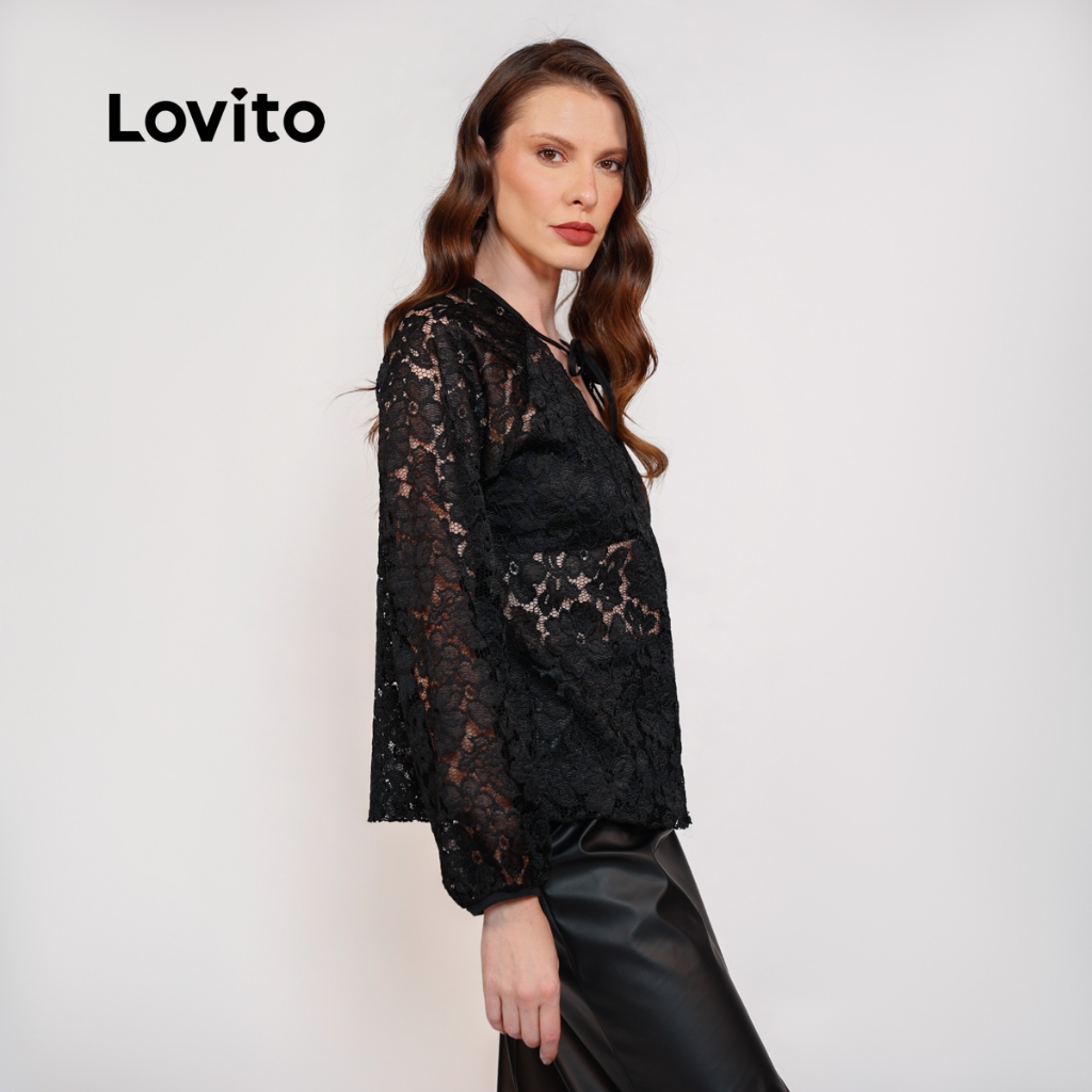 Lovito Blusa Manga Longa Boho Feminina de Renda BLB19381968