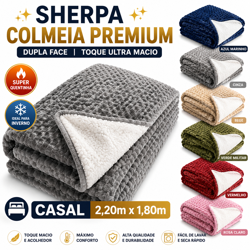 Manta Com Sherpa Casal Estilo Colmeia Dupla Face Cobertor Soft Premium 2,20x1,80