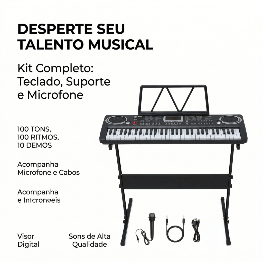 Piano digital VEDO de 61 teclas, kit de teclado de piano elétrico, 100 timbres, 100 ritmos — inclui suporte para piano,