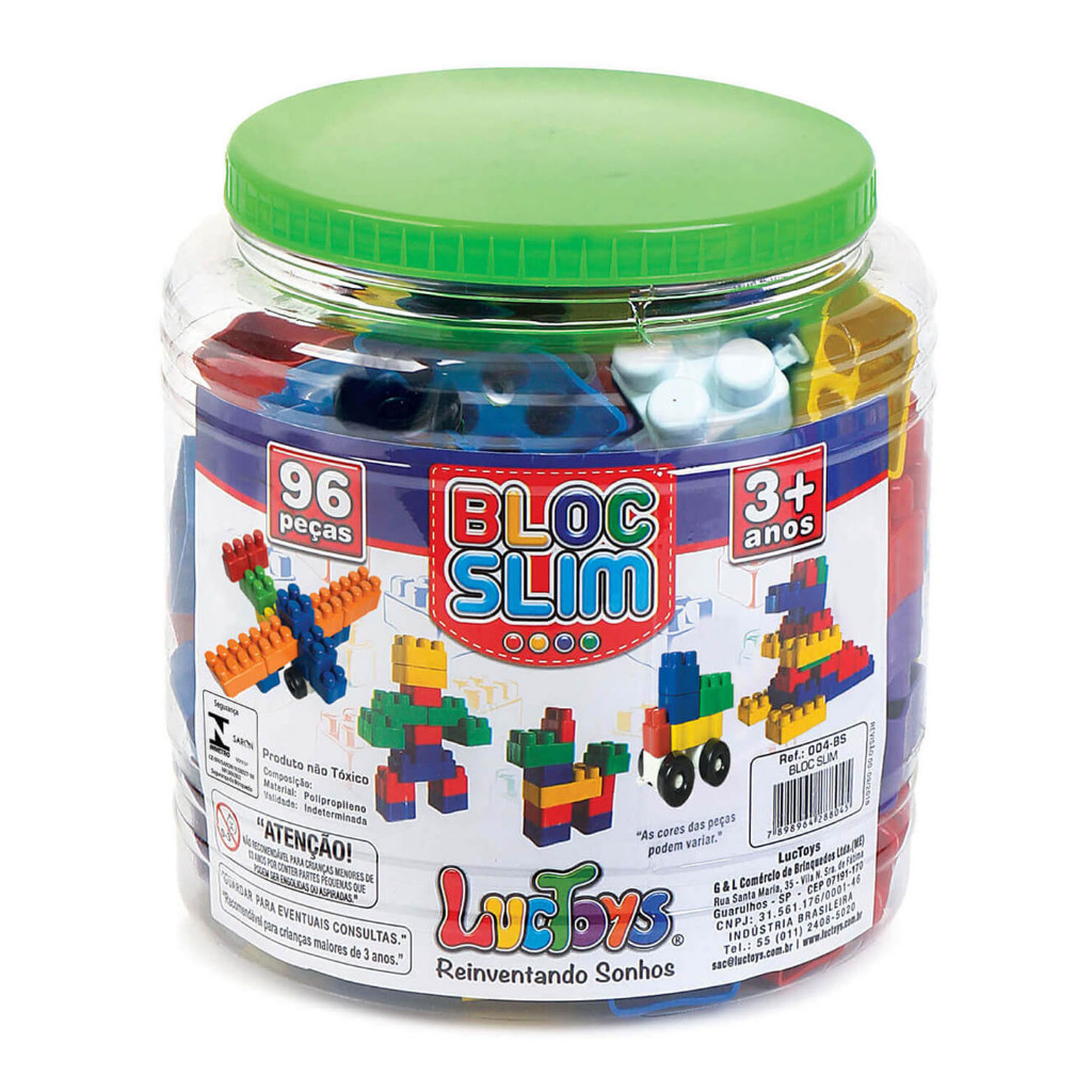 Blocos de Montar Infantil 96 Peças Bloc Slim Luctoys com Pote Organizador Brinquedo Educativo