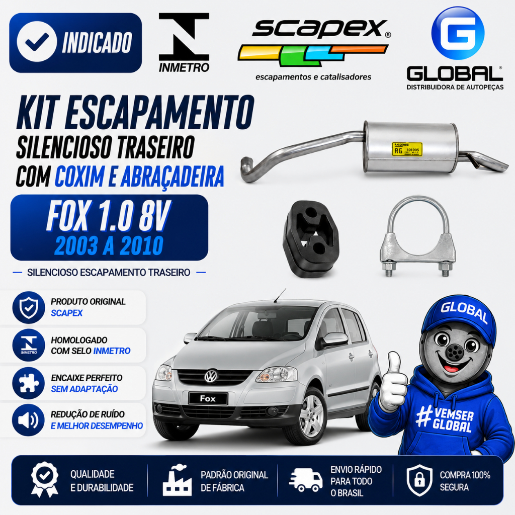 Kit Escapamento Silencioso Traseiro com Coxim e Abraçadeira Fox 1.0 8v 2003 a 2010 Scapex Original