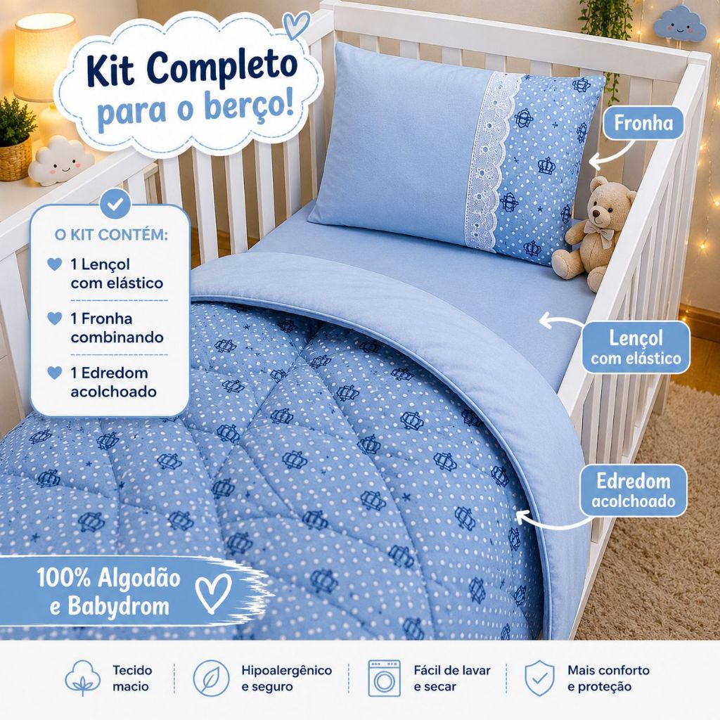 KIT COMPLETO LENÇOL COM FRONHA E EDREDOM 100% ALGODÃO BEBÊ MENINO