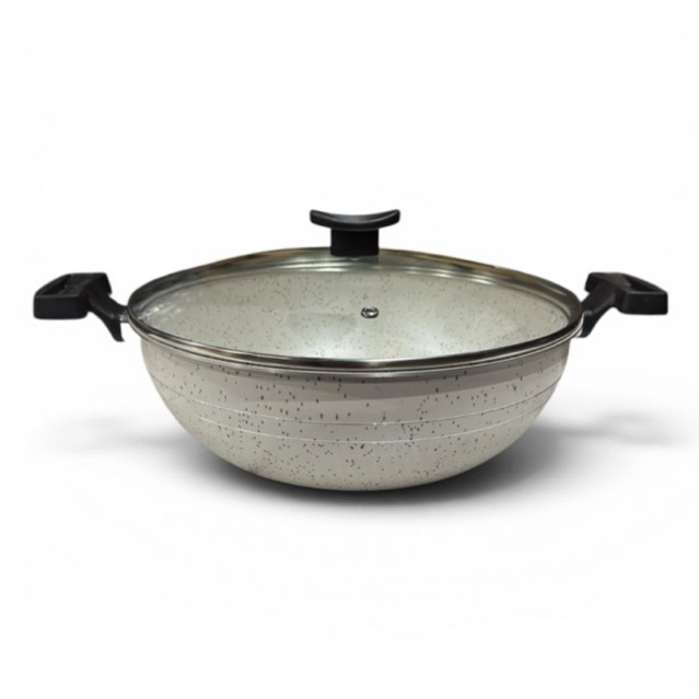 Frigideira Wok 28cm 4L 1,7mm Tampa de Vidro Antiaderente 7 Camadas Teflon Efeito Granito