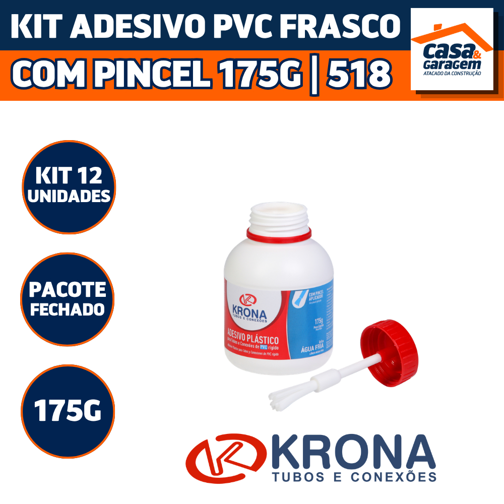 Kit com 12 Frascos de Adesivo Pvc 175G Com Pincel 518 Cola Para Tubos e Conexões Krona Krona