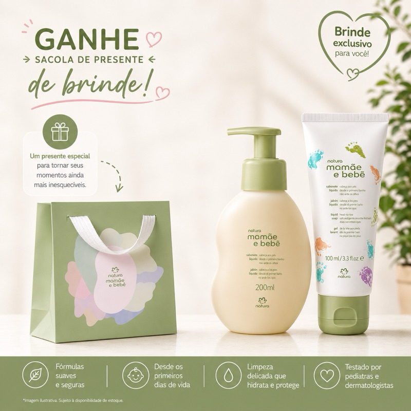 KIT NATURA MAMÃE E BEBÊ SABONETE LÍQUIDO 200ML + 100ML COM SACOLA DE PRESENTE | PRESENTE PARA BEBÊ CRIANÇA NATURA