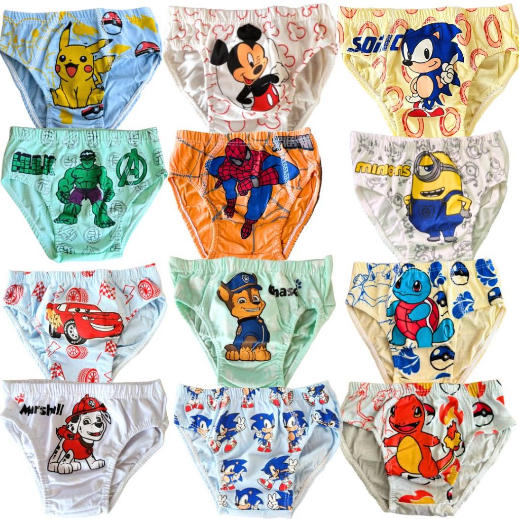 Kit 6 Cuecas Bebê Infantil Personagens 100% Algodão - Tamanho P - M - G Veste de 1 a 8 Anos