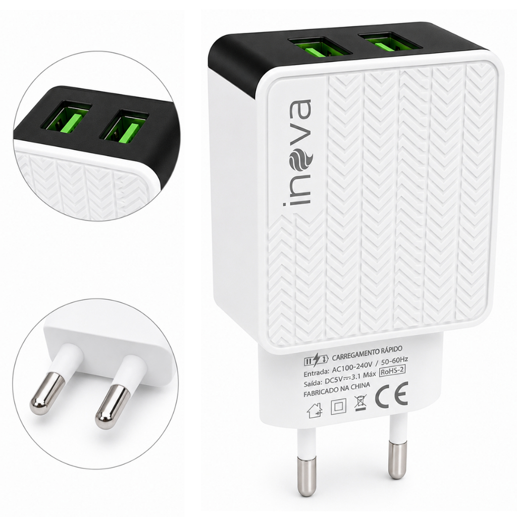 Carregador Turbo Inteligente 2 USB Bivolt Universal – Carregamento Rápido e Seguro