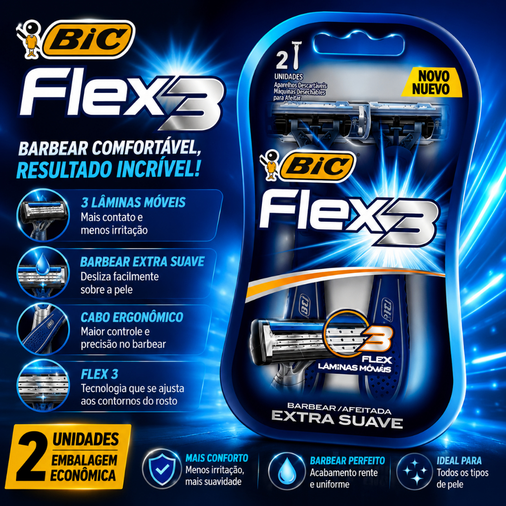 Aparelho De Barbear Bic Flex 03 Azul Cartela com 02 unidades