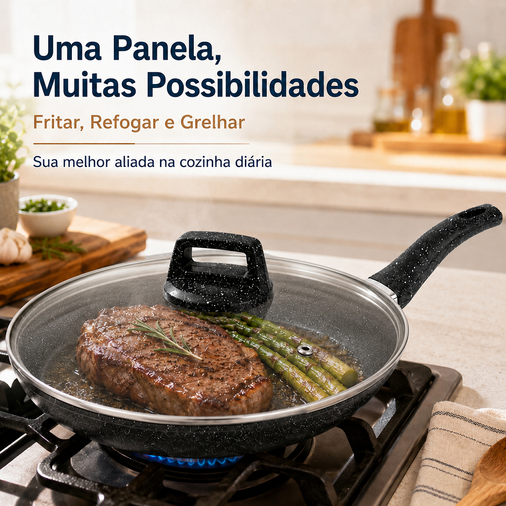 Frigideira Antiaderente Premium de 28 CM com Revestimento de Granito e Tampa de Vidro