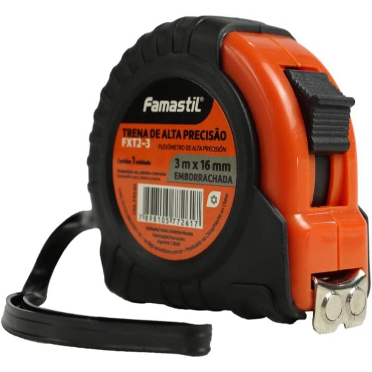 Trena Emborrachada Famastil 3m x 16mm com Trava T2-3 Fita Aço Medição Precisa Uso Residencial Compacta Alta Durabilidade
