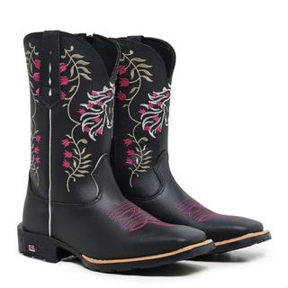 Bota Botina Feminina Country Texana Rodeio Cano Médio Bordada Floral Rosa Zíper Lateral Confortável