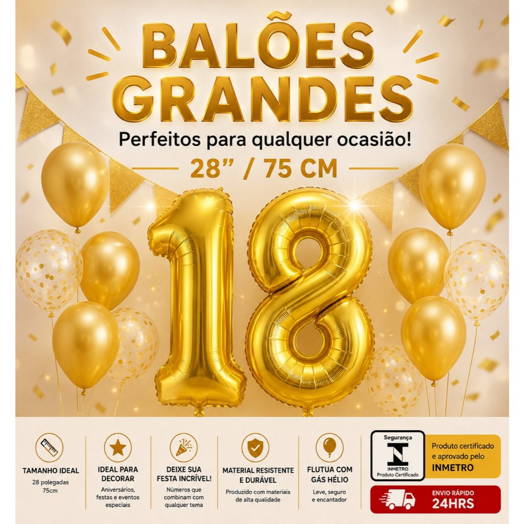 Balão Grande Kit 2 Uni Tamanho 75 CM 28 POL Festa Metalizado Dourado Decorativo Número  Gás Hélio