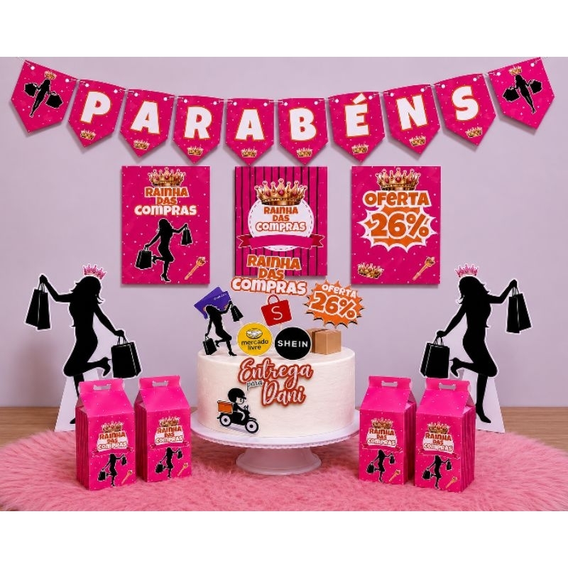 kit festa Rainha das Compras Personalizado | Decoração Festa Feminina | Compras Shopee Shein Mercado Livre Amazon