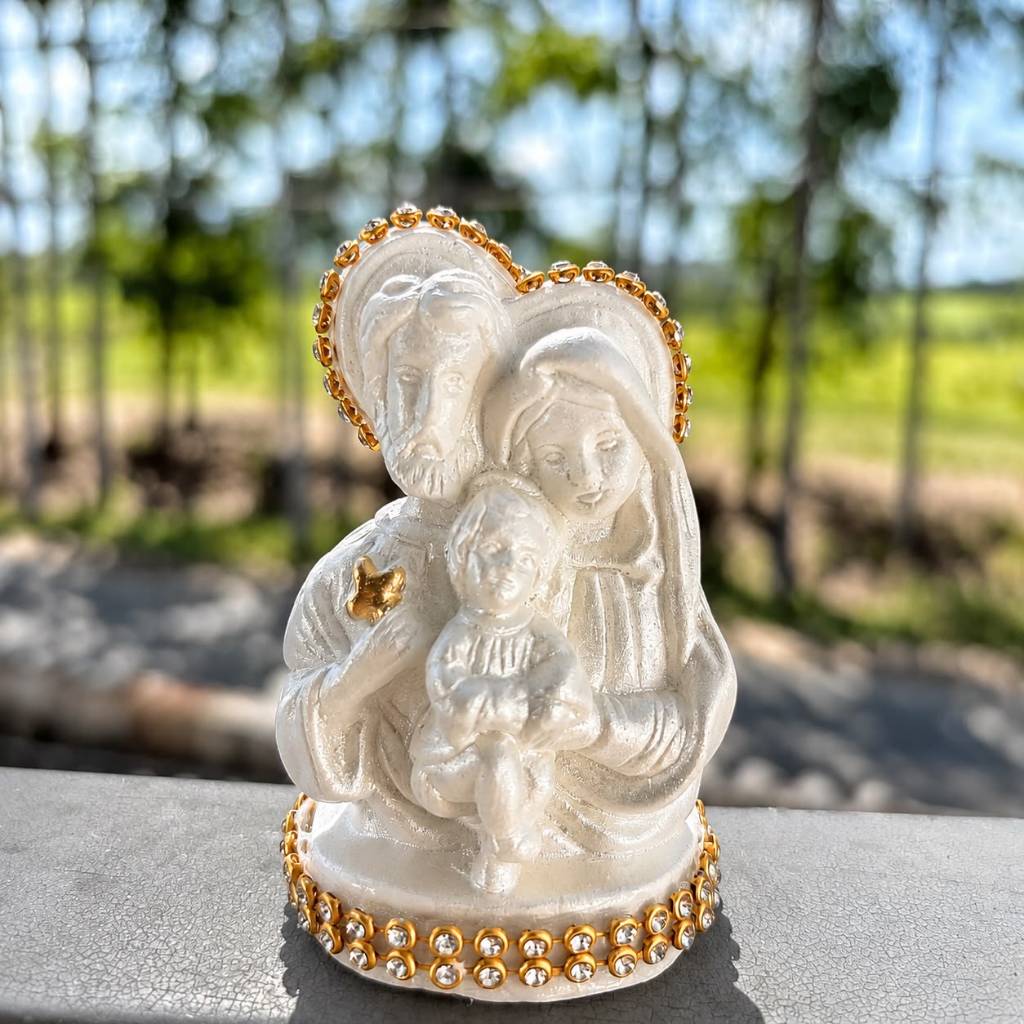 Kit com 5und Busto Sagrada Familia 7cm Perolada Strass Lembrancinha Casamento Batizado caixa.