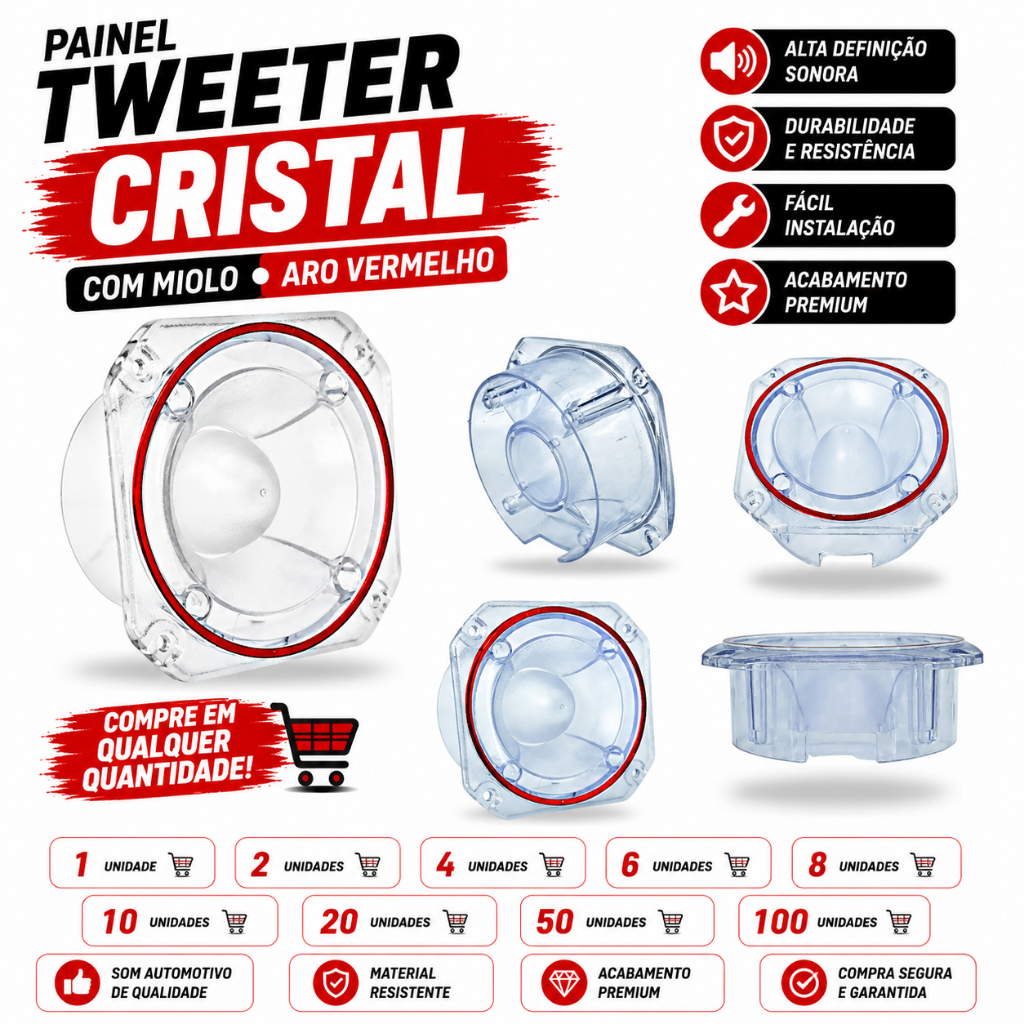 Painel Tweeter Zetta Tiger Cristal Som Automotivo Com Miolo Aro Vermelho