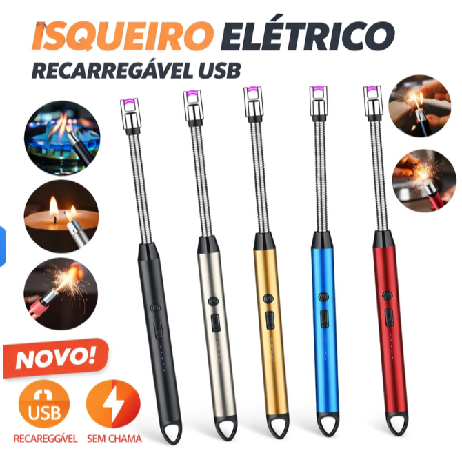 Isqueiro Eletrico Acendedor De Fogão Churrasqueira Vela com Recarga USB - (Cores Sortidas)