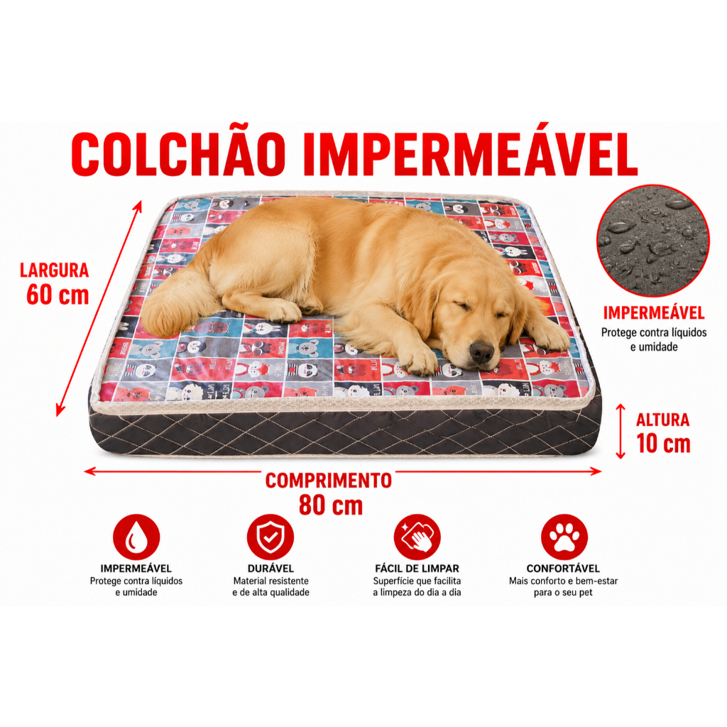 Colchão Pet Impermeável 80x60x10cm – Super Confortável, Fácil de Limpar e Resistente 🐶🛏️