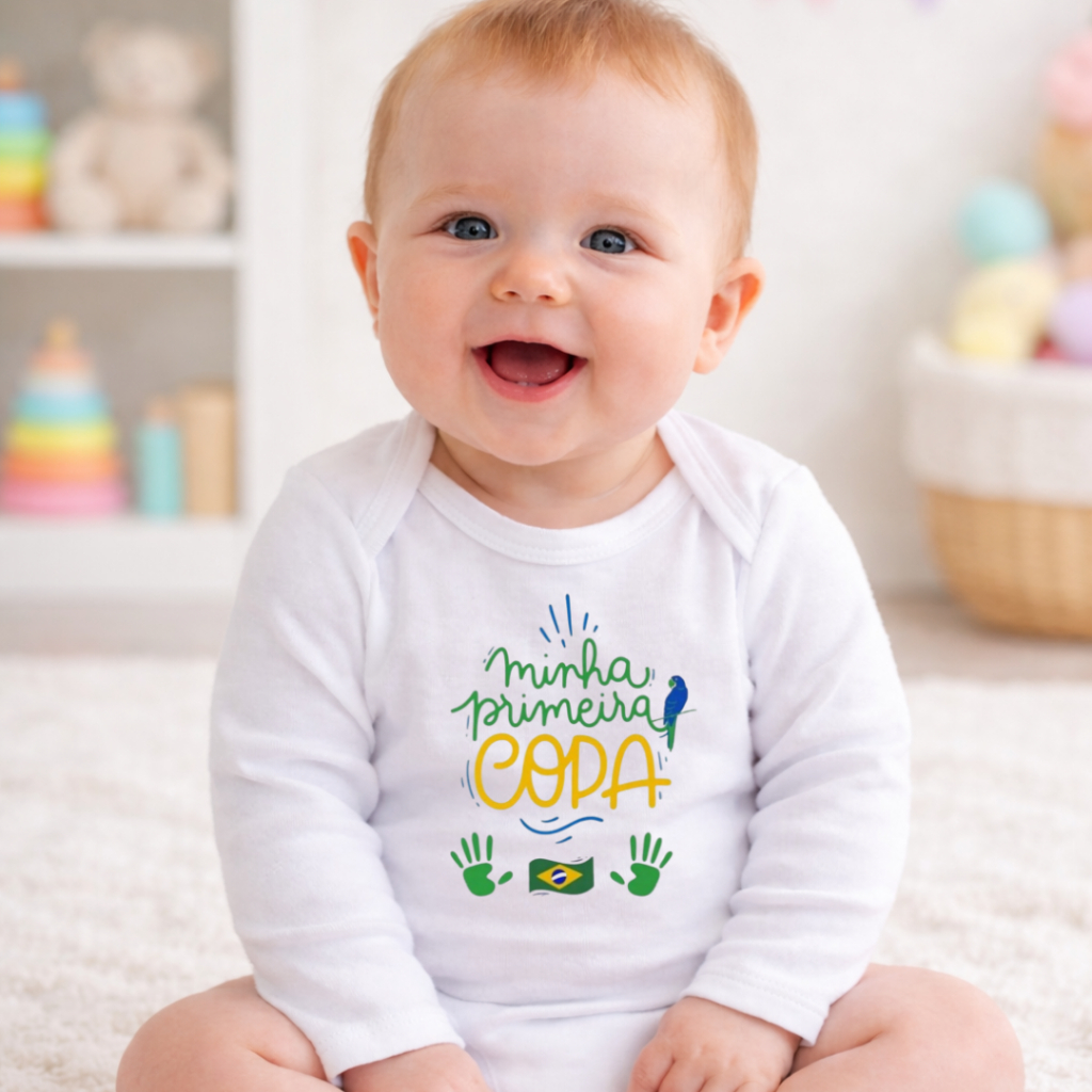 Body Bebe Infantil Unissex Minha Primeira Copa do Mundo Rumo ao Hexa Brasil Manga Longa