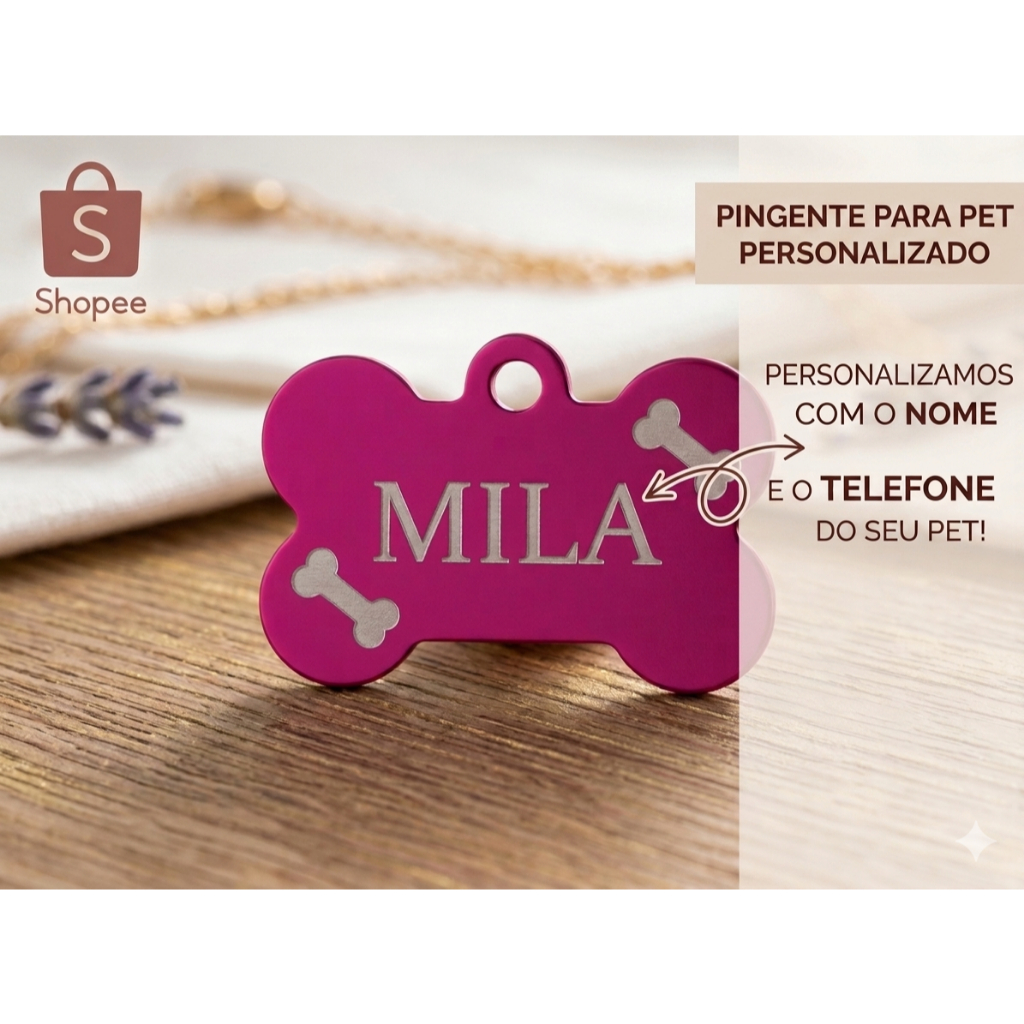 Placa de Identificação Pet Plaquinha Pingente personalizado Cachorro Cão Gato - Cor Rosa 3,7 x 2,5cm