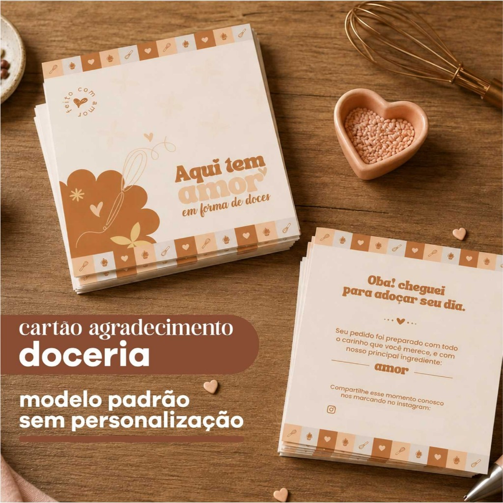 Cartão de Agradecimento Padrão Doceria - Frente e verso - 50, 100 ou 200 unidades