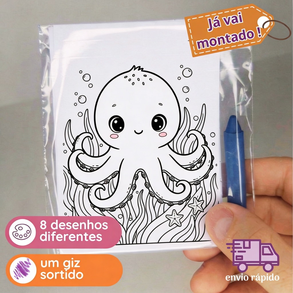 Lembrancinha fundo do mar 1 ano com 8 desenhos mini de colorir pintar sereia peixinho