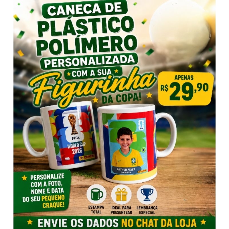 Caneca de plástico polímero  personalizada com  nome e foto ou somente nome - figurinha da copa- volta às aulas