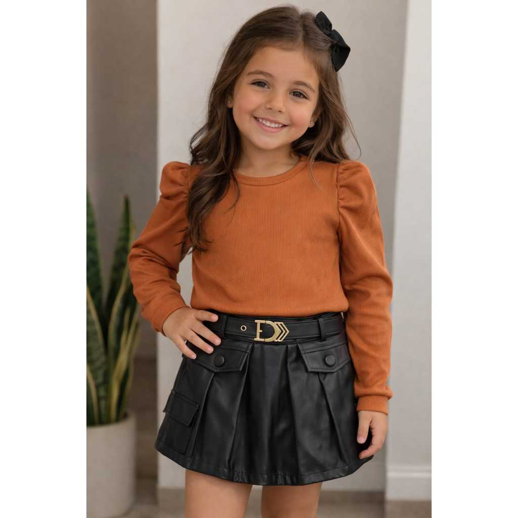 🤎 Blusa Infantil Marrom Manga Princesa Meia Estação Feminina