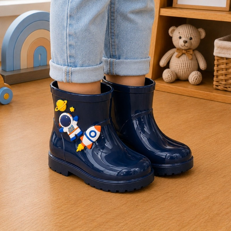 Galocha Infantil Menino Personalizada Astronauta Foguete Botinha De Chuva Impermeável Antiderrapante Confortável Macia