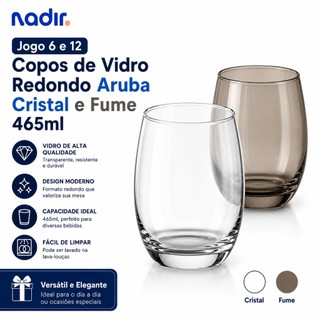 Jogo 6 e 12 de Copos De Vidro Redondo Aruba Cristal 465ml Mesa Posta Resistente Transpare…