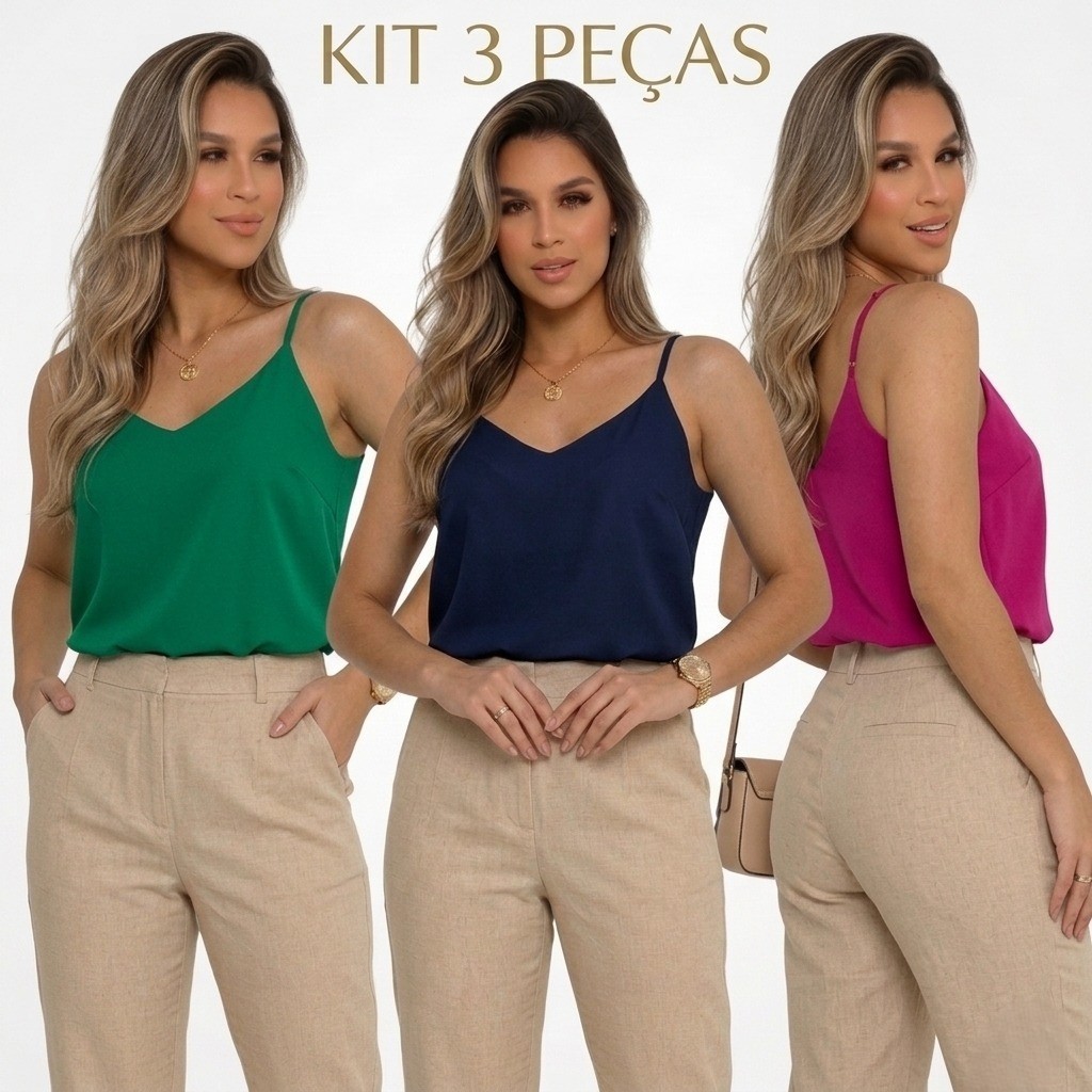 KIT 3 Blusas Regata Feminina Alça Regulável Blusinha Alcinha Gola V