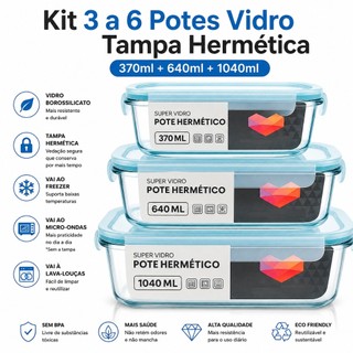Kit 3 Potes Vidro Tampa Hermética 370ml + 640ml + 1040ml Marmita Armazenar Alimento Comid…