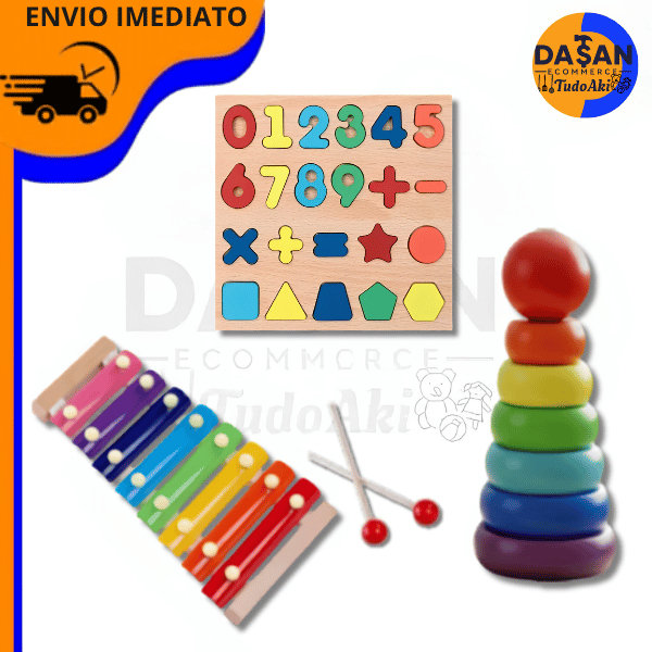 Brinquedo Montessori de Madeira – Torre de Encaixe, Xilofone Sensorial Didático e Encaixe Quadrado