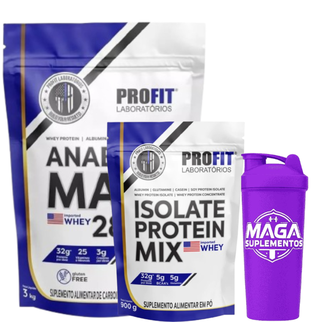 Anabolic Mass 28500 Profit Whey Protein 3Kg Hipercalórico+Isolate Protein Mix Whey Profit Refil 900G+Coqueteleira