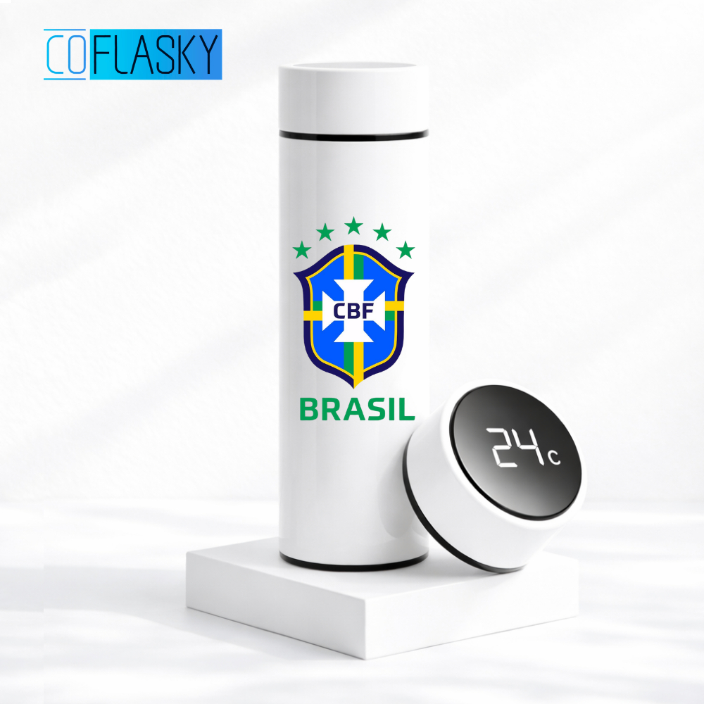 Garrafa Térmica de Aço Inox Copa do Mundo Time do Brasil Seleção Brasileira com Medidor De Temperatura Digital 500ml