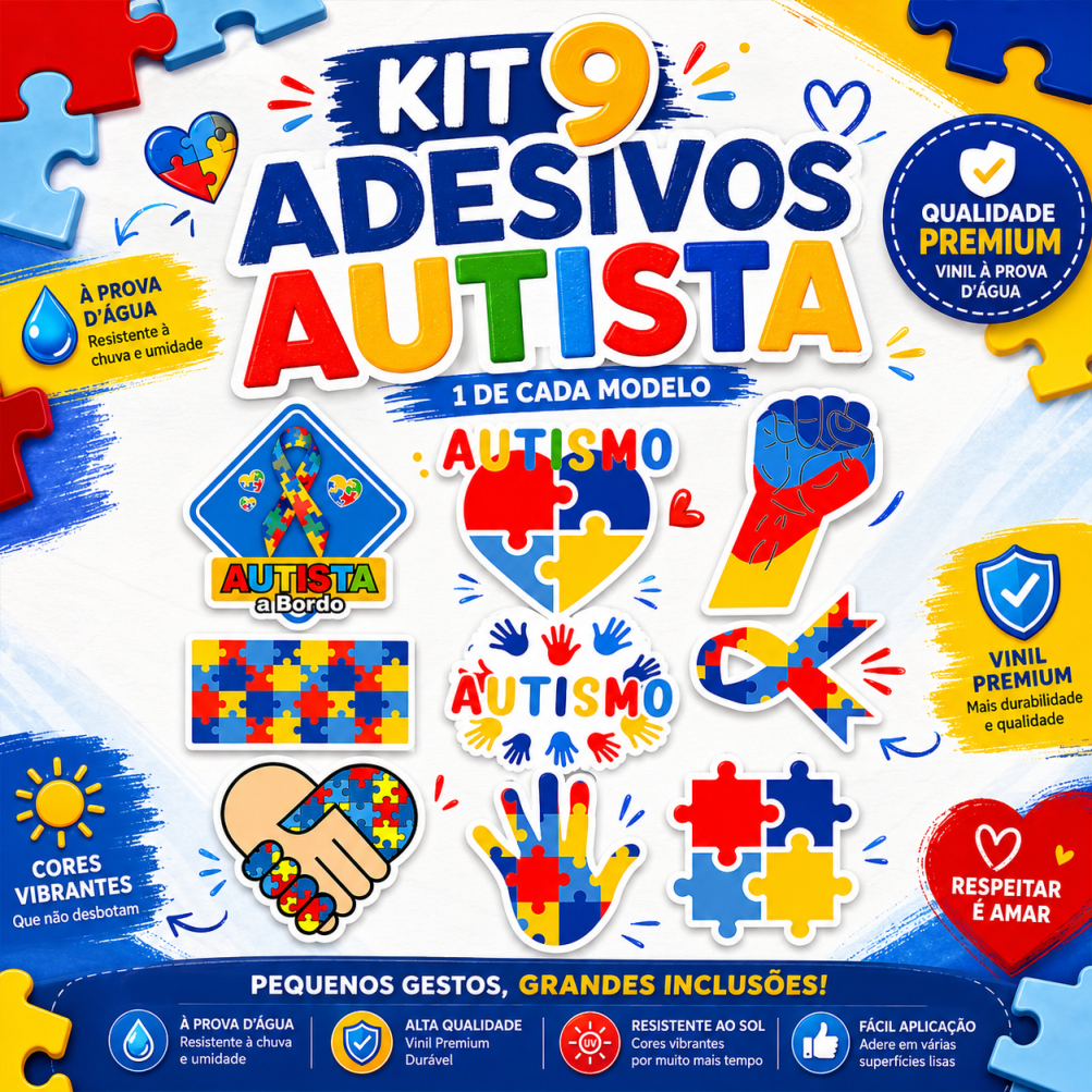 KIT 9 ADESIVOS AUTISTA - A PROVA D'ÁGUA (ADESIVO AUTISMO) A PROVA DE ÁGUA ALTA DURABILIDADE
