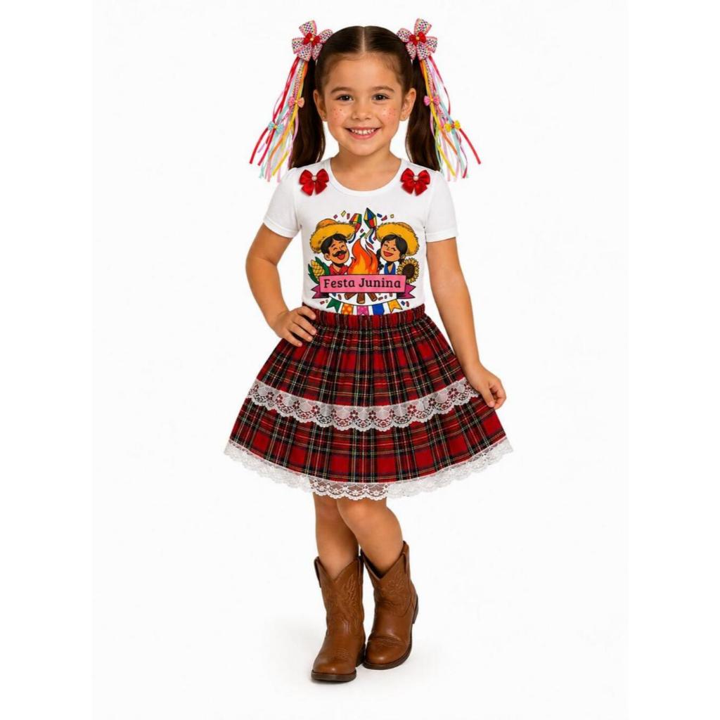 Conjunto Festa Junina Body Estampado Arraia com Saia Xadrez e Laços de Cabelo Caipira para Meninas
