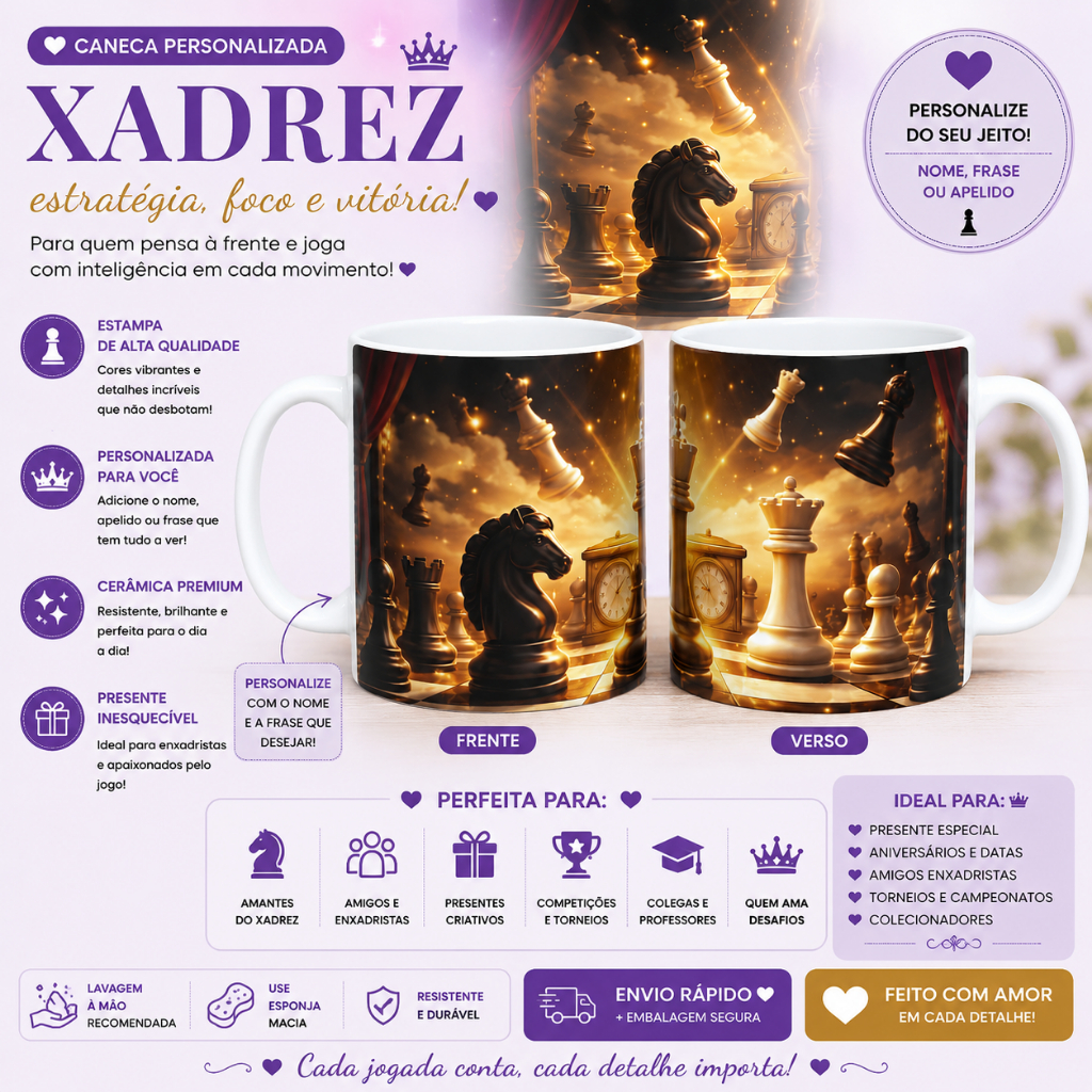 Caneca Tema Xadrez Personalizada com Nome | Presente para Jogador |Presente para Enxadrista| Jogo de Xadrez Café