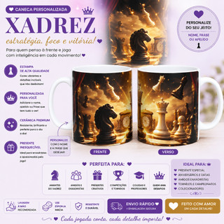 Caneca Tema Xadrez Personalizada com Nome | Presente para Jogador |Presente para Enxadrista| Jogo de Xadrez Café