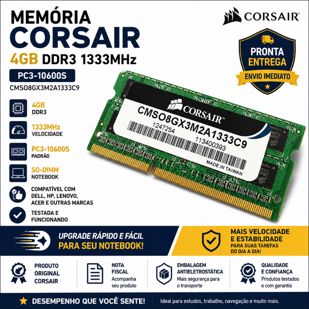 Memoria Corsair 4gb Ddr3 1333 Pc3-10600s Cmso8gx3m2a1333c9