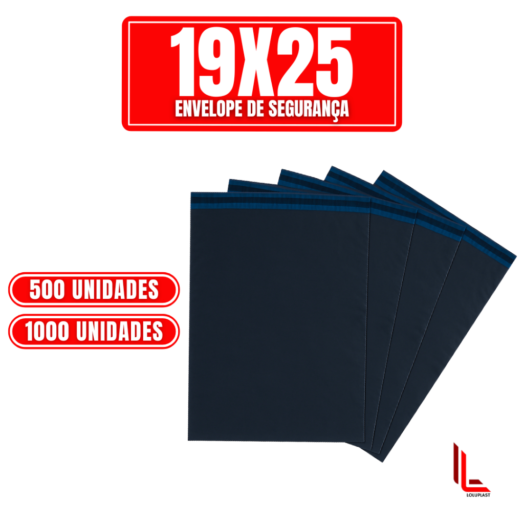 Kit 500/1000 Envelopes de Segurança Plástico Preto Aba Adesiva 19x25cm