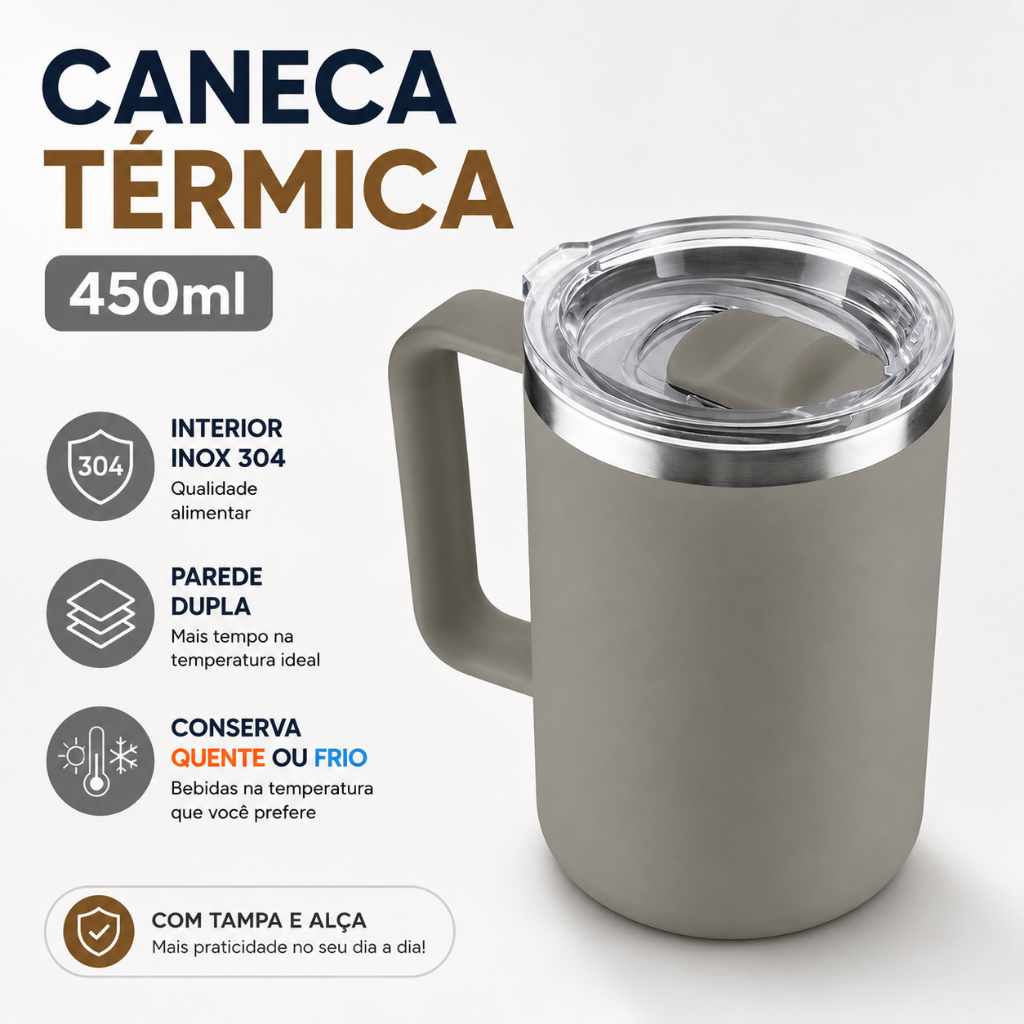 Caneca Térmica Café 450ml com Tampa Aço Parede Dupla Cinza