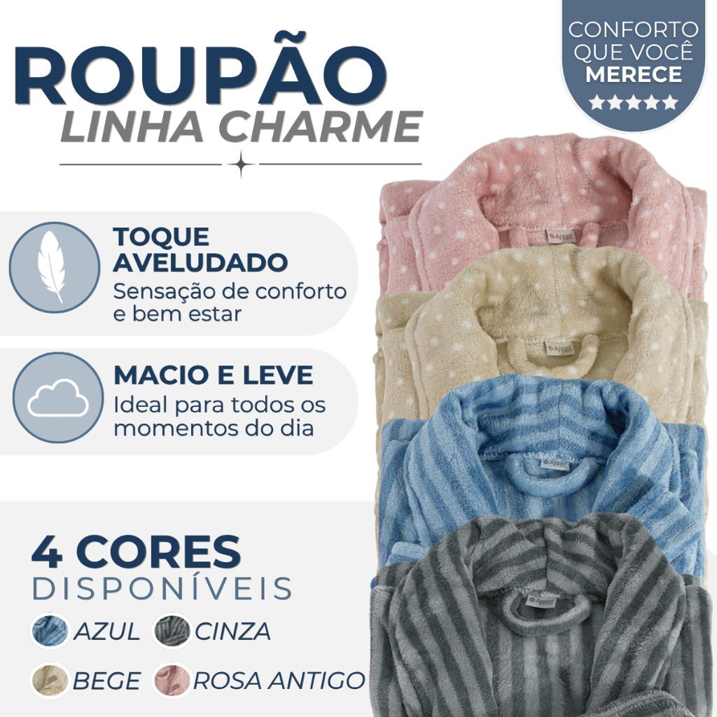 Roupão Adulto Charme Microfibra Manga Longa Poá Listrado Bolinha Bolso Toque Macio Quentinho Appel
