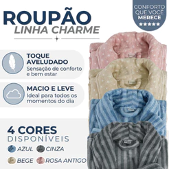 Roupão Adulto Charme Microfibra Manga Longa Poá Listrado Bolinha Bolso Toque Macio Quentinho Appel