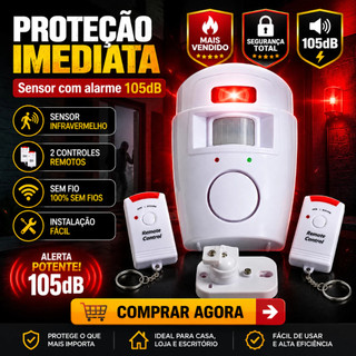 Alarme Residencial Infravermelho 105dB 120° 10m Alimentado por Pilhas com Sirene e Controle Remoto